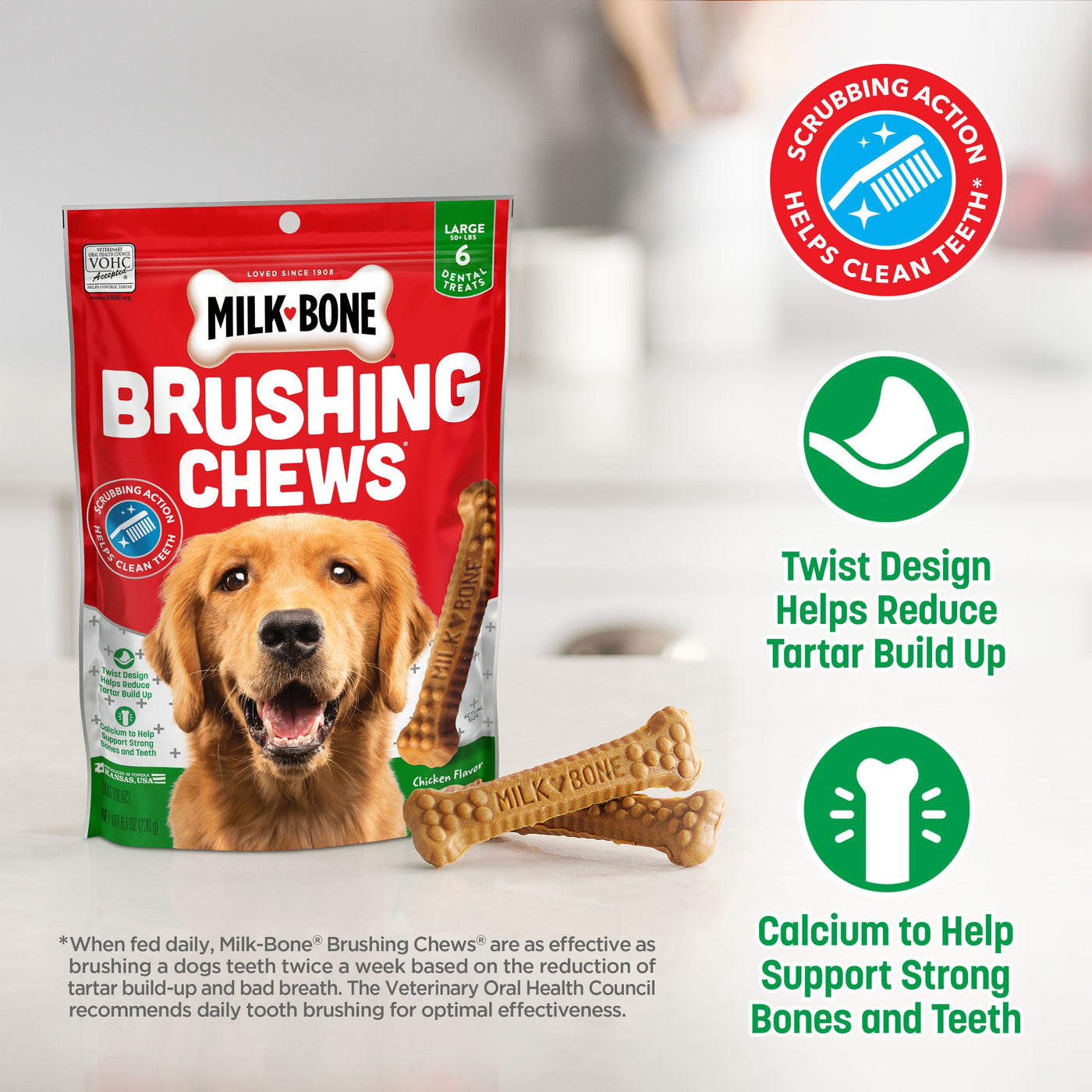 Milk-Bone Brushing Chews Daily Dental Dog Treats, Large, 6 Count, Marketing Claims