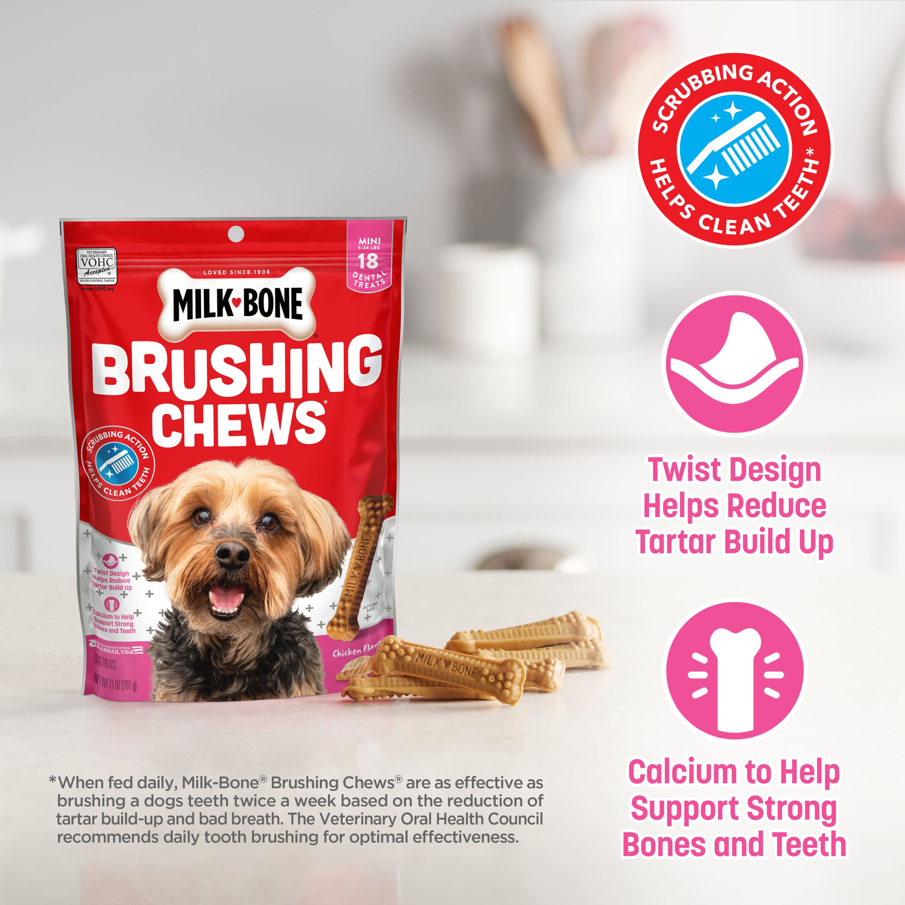 Milk-Bone Brushing Chews Daily Dental Dog Treats, Mini, 18 Count, Marketing Claims