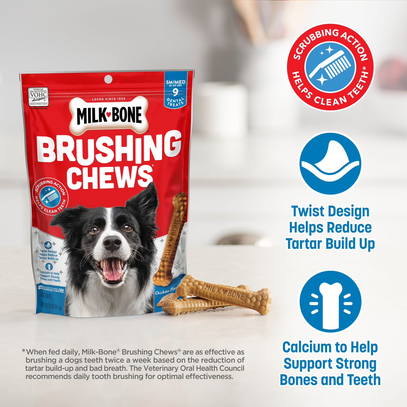 Milk-Bone Brushing Chews Daily Dental Dog Treats, Small-Medium, 9 Count, Marketing Claims