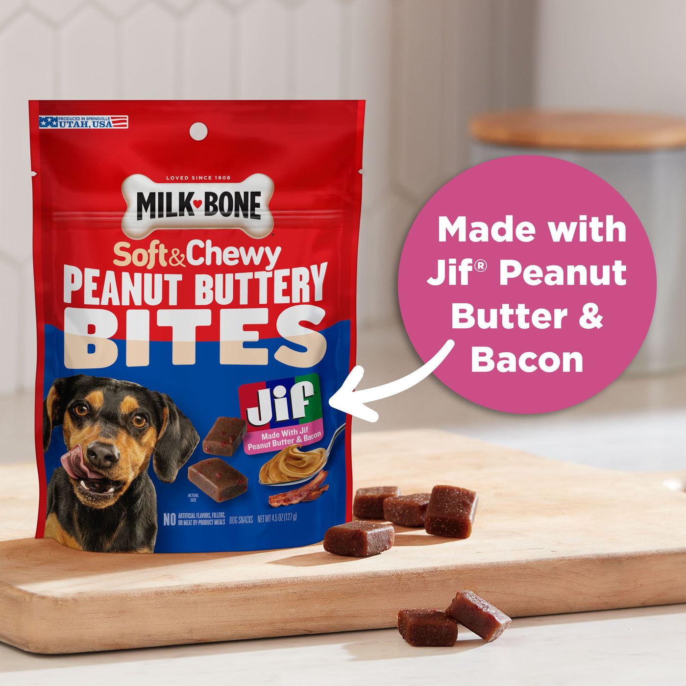 Milk-Bone Peanut Buttery Bites Soft Dog Treats With Jif Peanut Butter & Bacon
