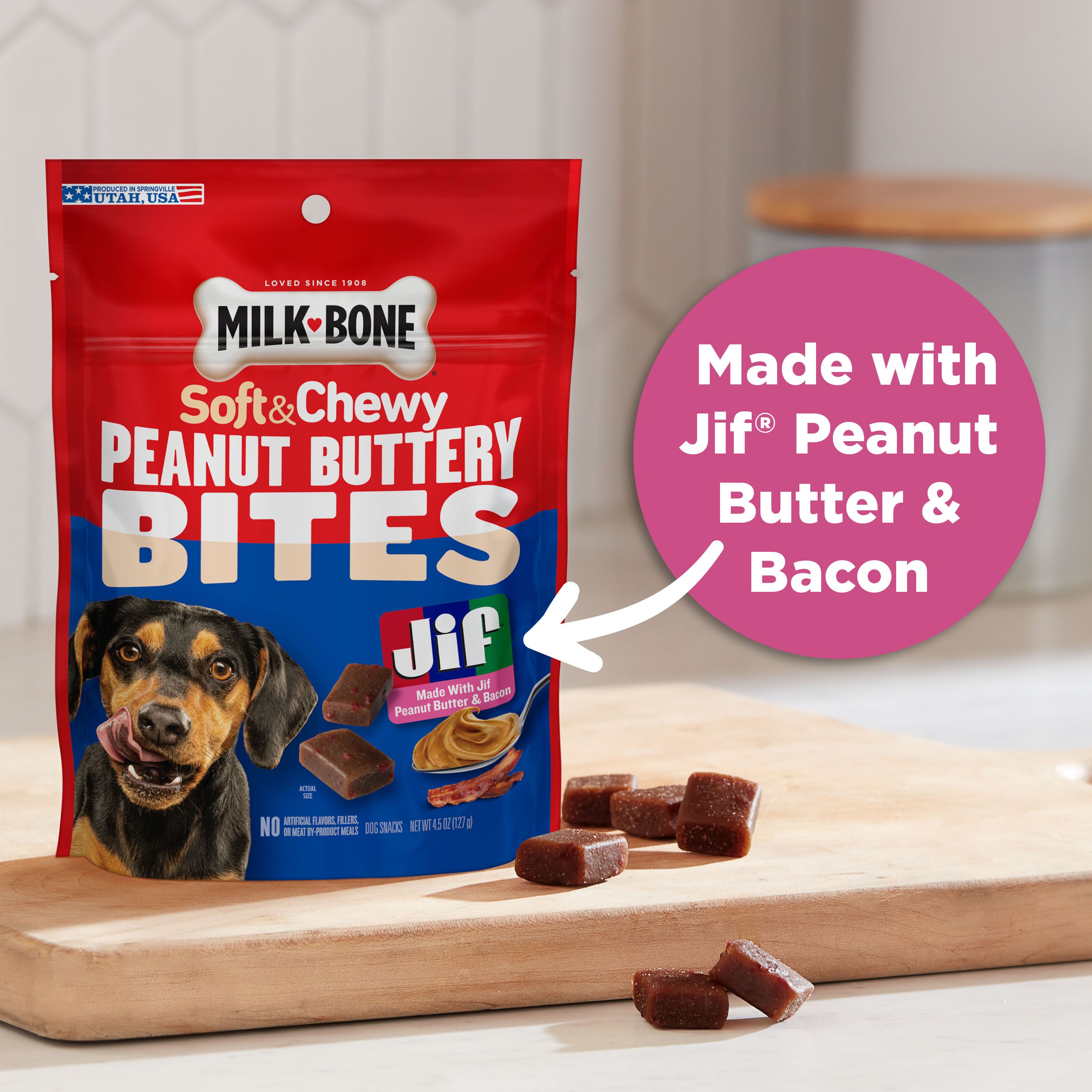 Milk-Bone Peanut Buttery Bites Soft Dog Treats With Jif Peanut Butter & Bacon