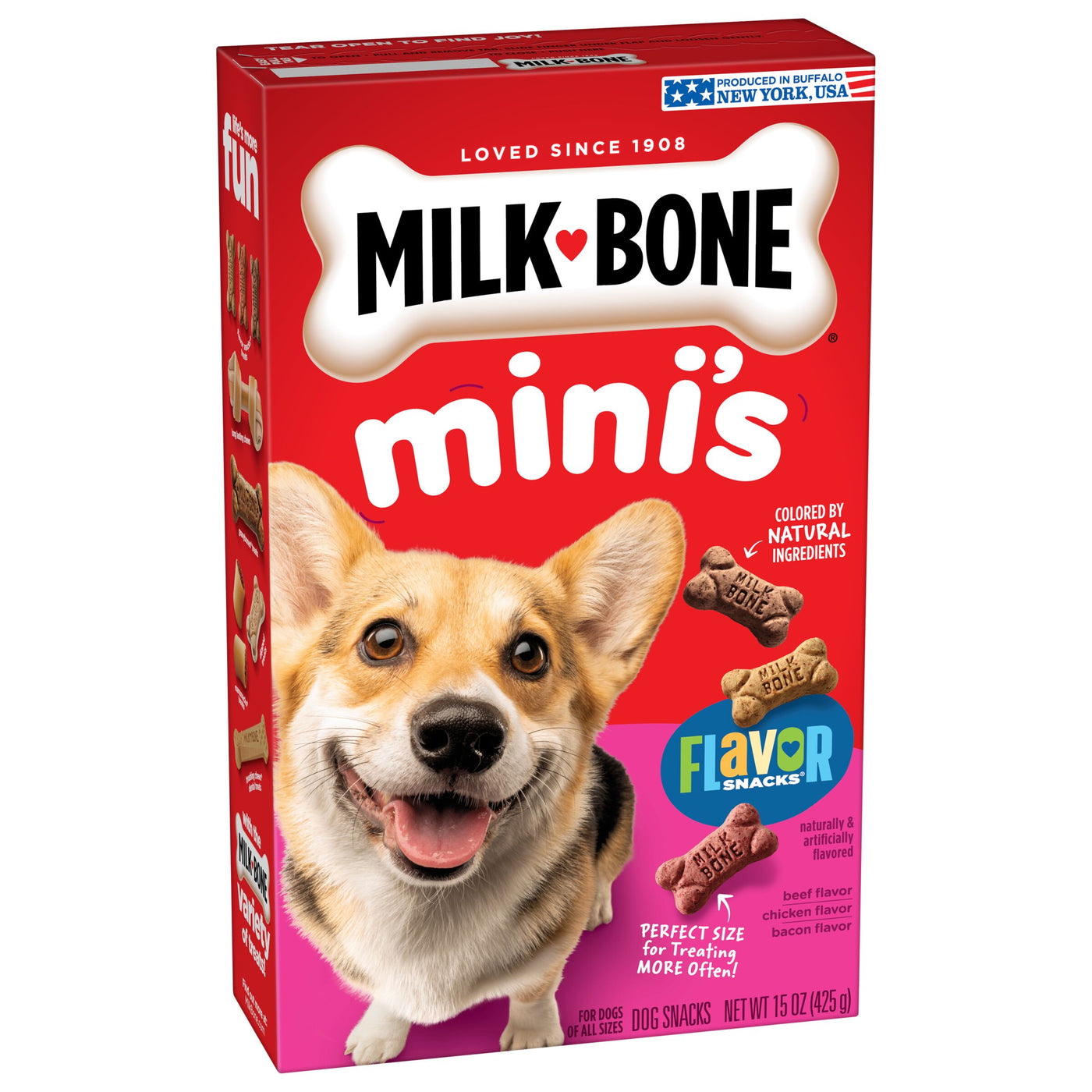 Milk-Bone Flavor Snacks Mini Dog Biscuits, Flavored Crunchy Dog Treats, 15 oz, Angled Pack View