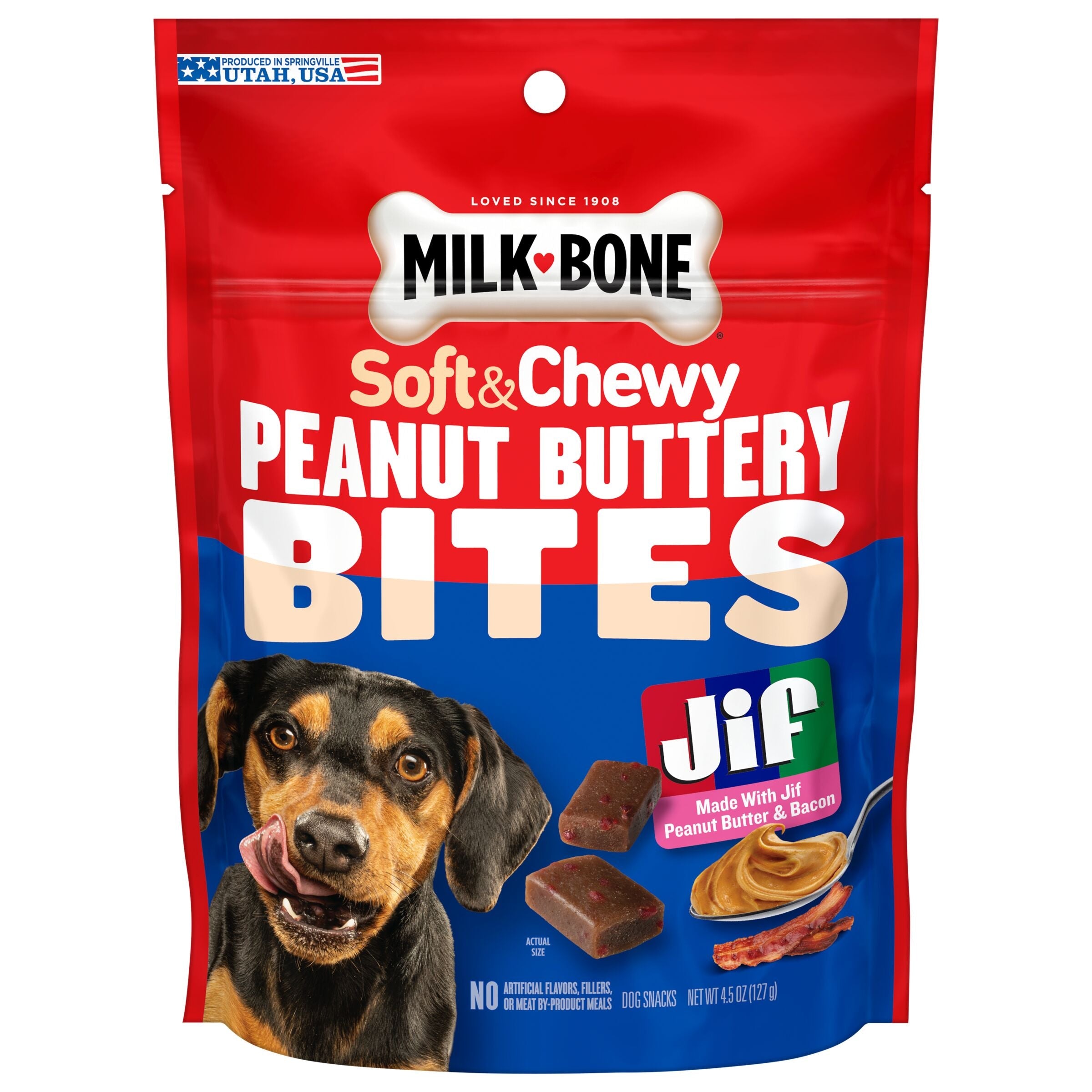 Milk-Bone Peanut Buttery Bites Soft Dog Treats With Real Peanut Butter & Bacon, 4.5 oz, Front of Pack