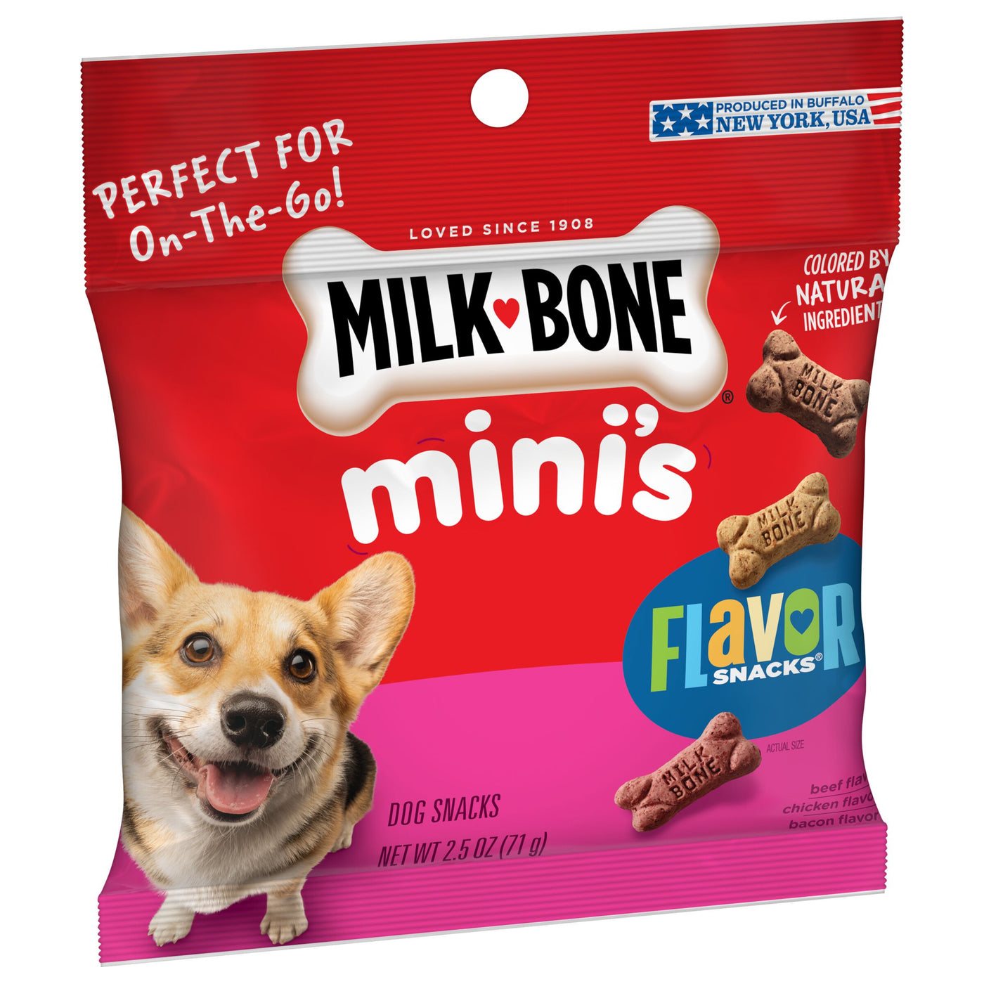 Milk-Bone Flavor Snacks Mini Dog Biscuits, 2.5 oz, Angled Pack