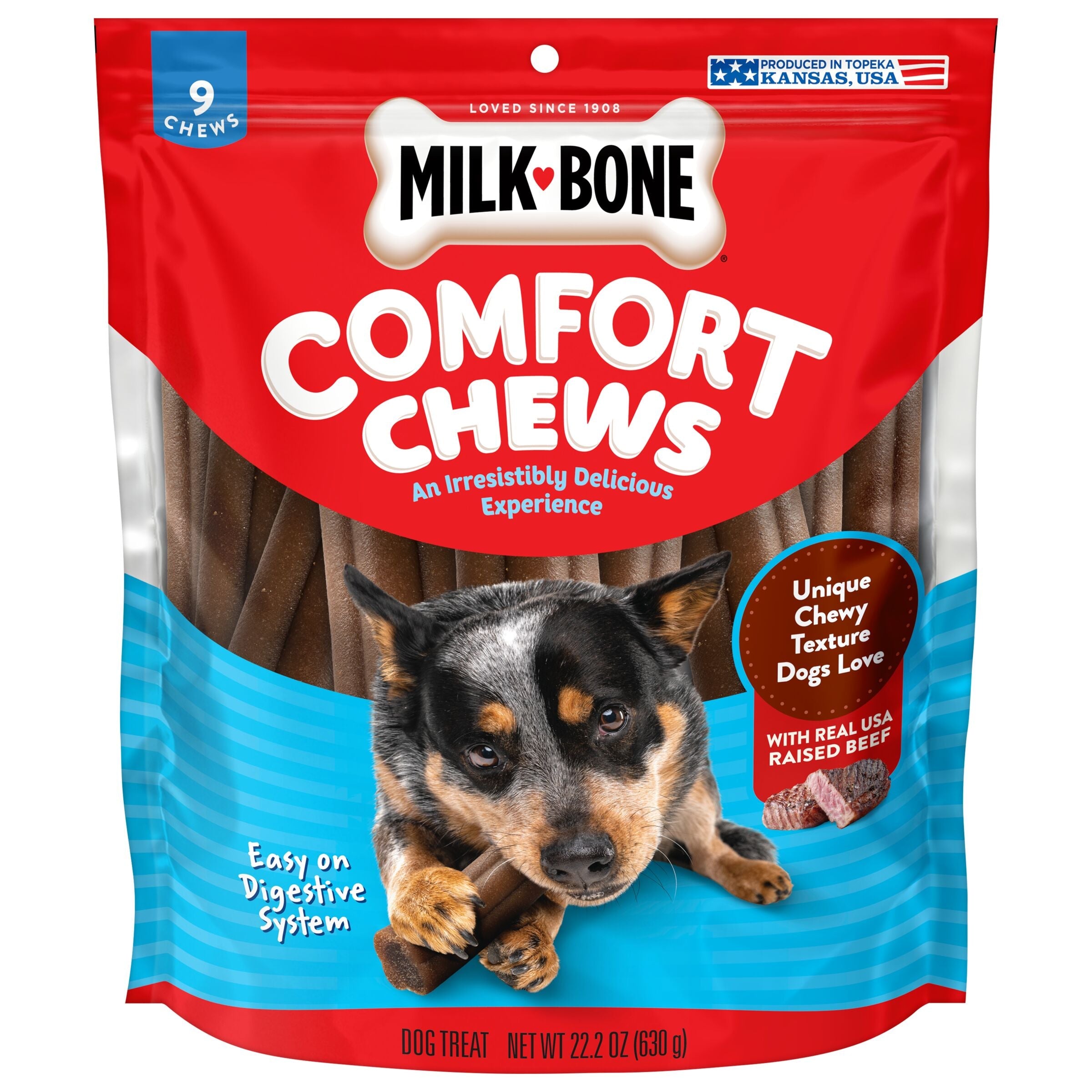 Milk-Bone Comfort Chews, Dog Chews with Unique Chewy Texture and Real Beef, 9 count, Front