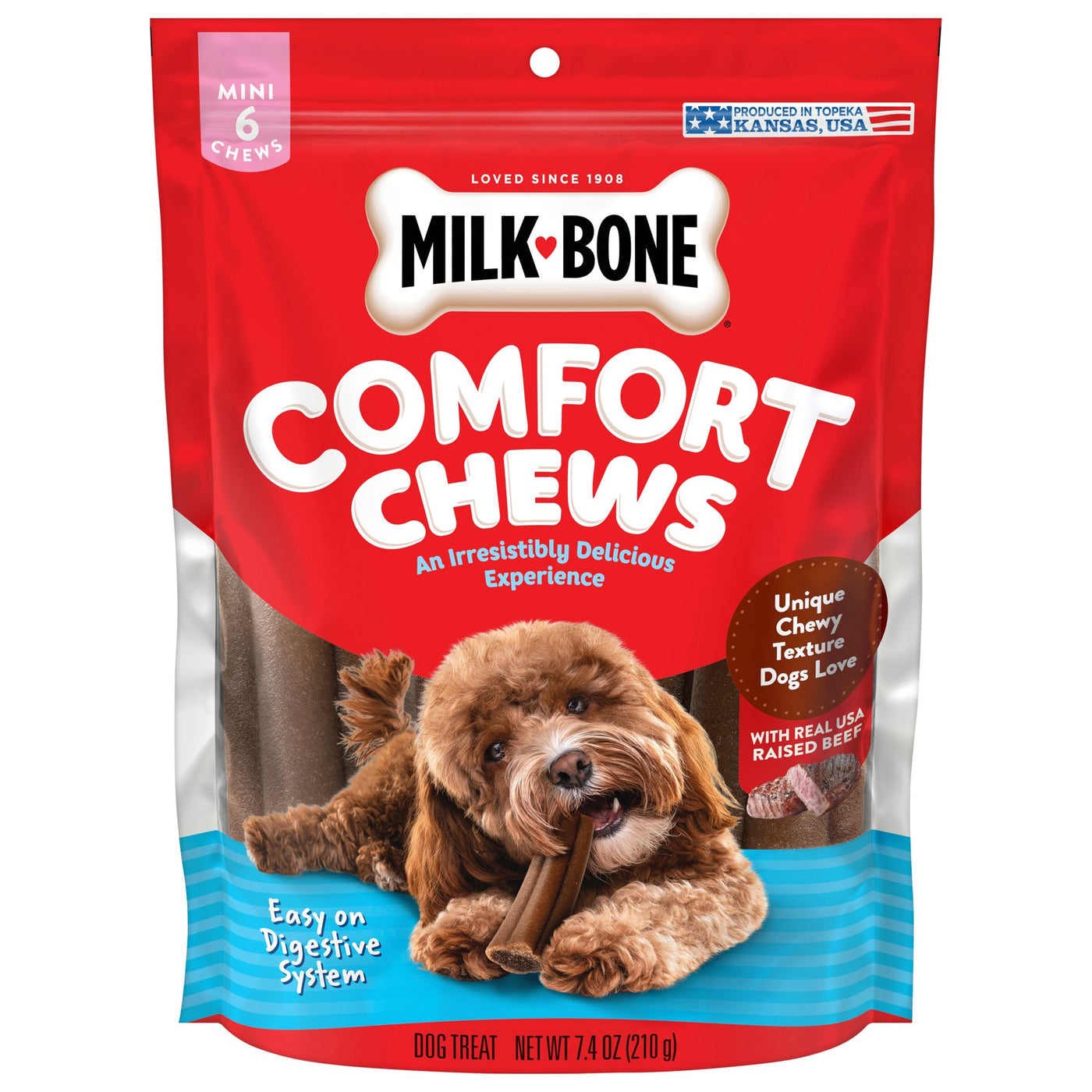 Milk-Bone Mini Comfort Chews, Dog Chews with Unique Chewy Texture and Real Beef, 6 count, Front