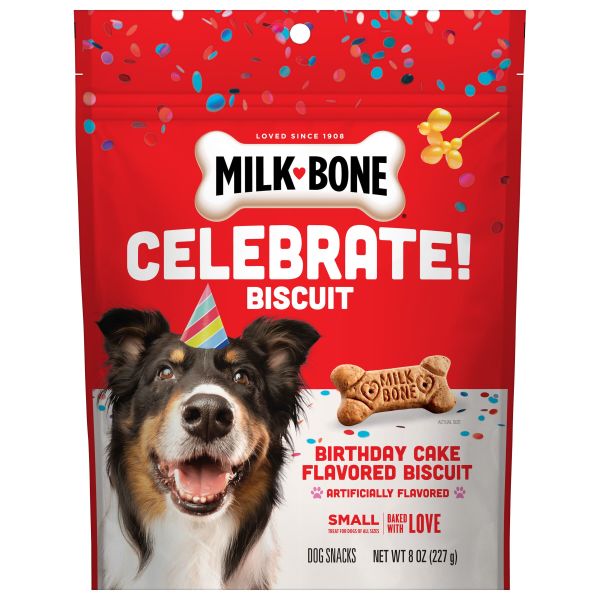 Milk-Bone CELEBRATE Birthday Cake Flavored Biscuits, Small Dog Treats, 8 oz. Bag, Front