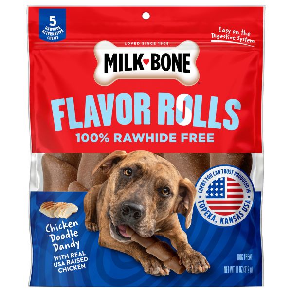 Milk-Bone Flavor Rolls Rawhide Free Chicken Doodle Dandy Dog Treats with Chicken, 11 oz, Front