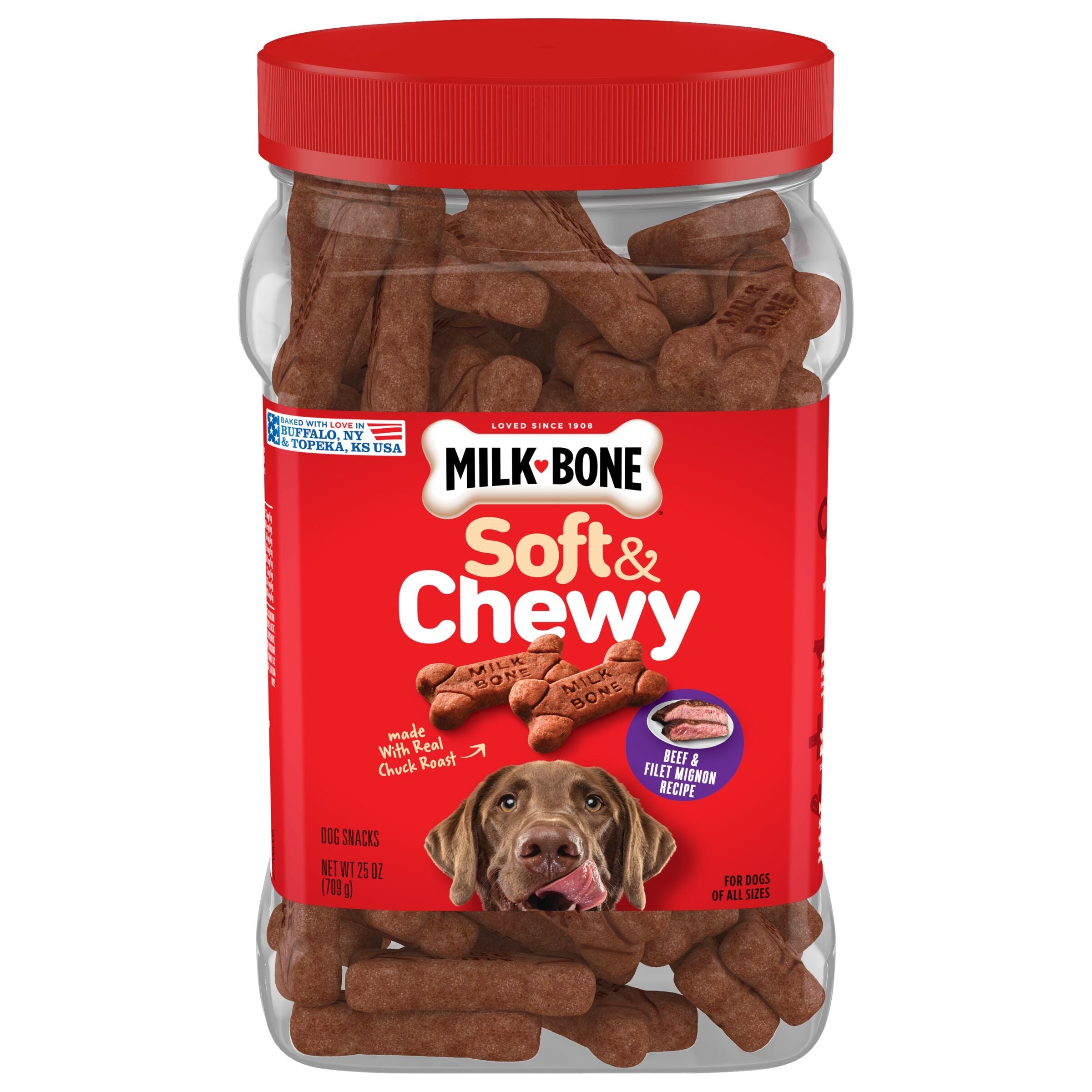 Milk-Bone Soft and Chewy Dog Treats, Beef and Filet Mignon Recipe With Chuck Roast, 25 oz, Front