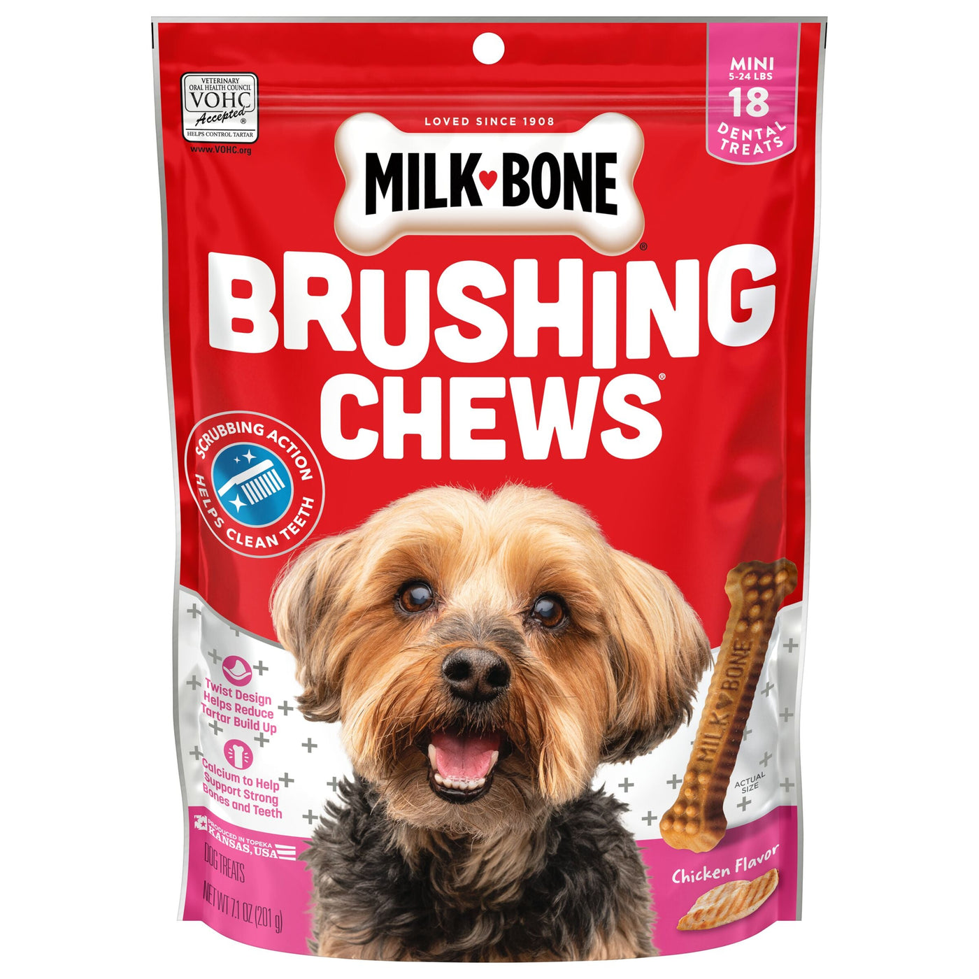 Milk-Bone Brushing Chews Daily Dental Dog Treats, Mini, 18 Count, Front