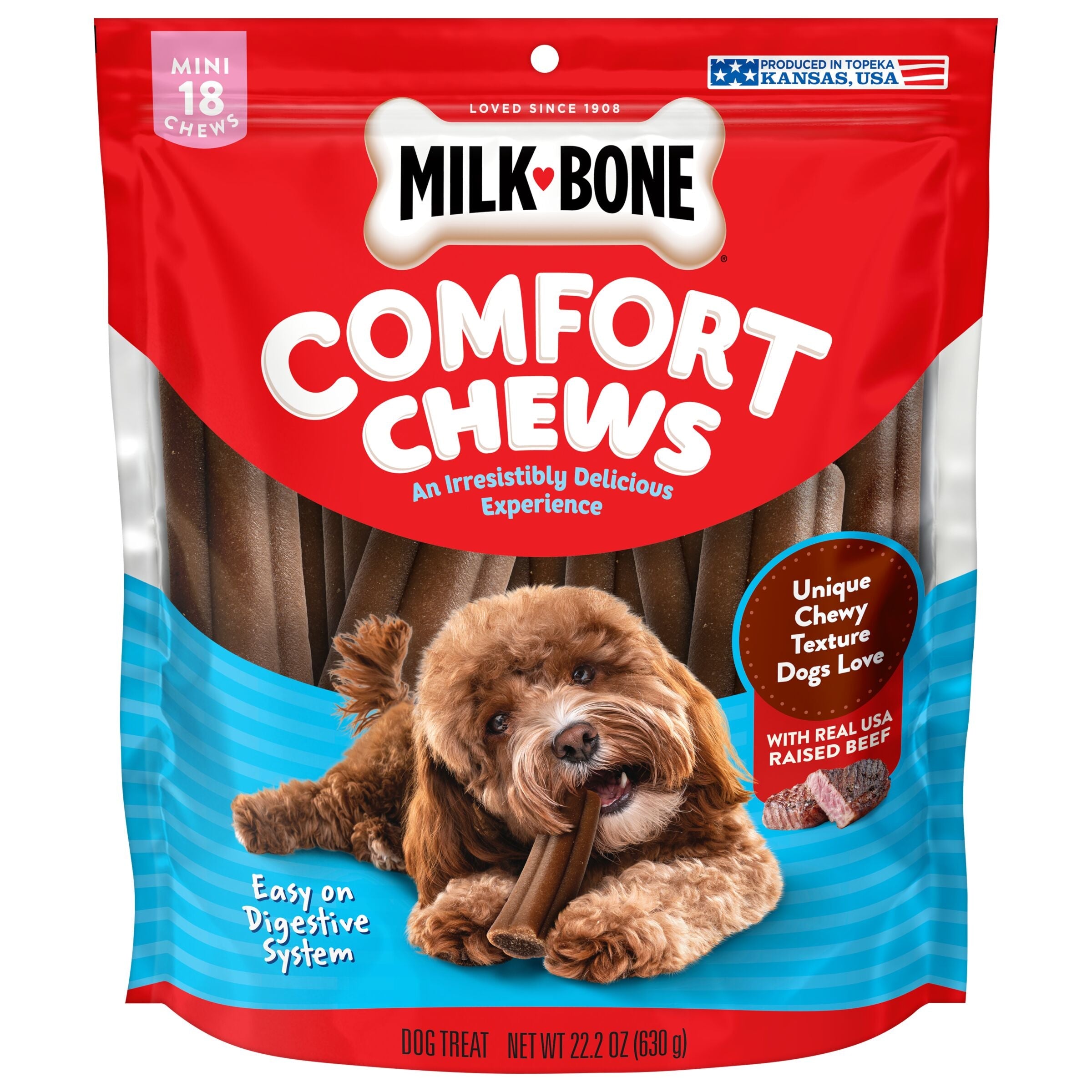 Milk-Bone Mini Comfort Chews, Dog Chews with Unique Chewy Texture and Real Beef, 18 count, Front